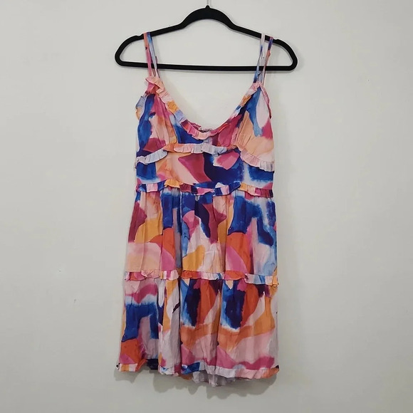 French Connection Tiered Mini Cami Dress Ruffles pink blue orange 6 - Picture 3 of 7